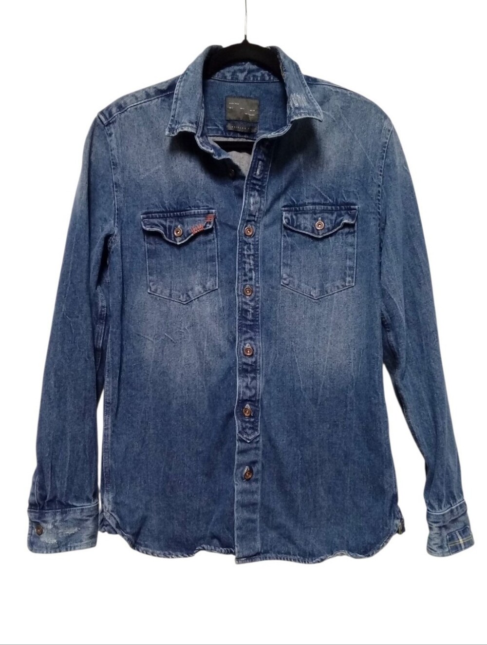 Zara Man Men’s Small Denim Shirt Acid Wash Blue Regular Fit Plaid Cuff